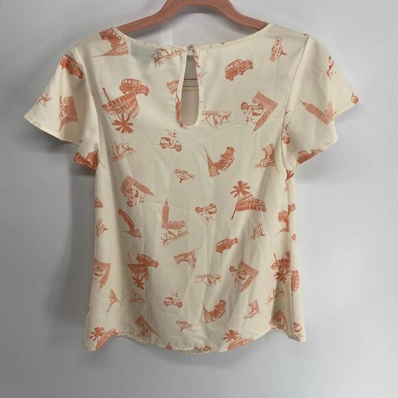 Modcloth cream tourist print short sleeve blouse womens xs - Picture 4 of 6